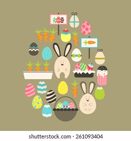 Easter holiday Flat Icons Set over brown. Flat stylized holiday icons set Egg shaped