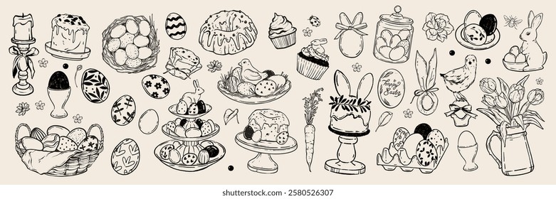 Easter holiday food doodle set, vector hand drawn celebration dinner sketch, painting eggs, cake. Festive spring traditional object, Sunday greeting card vintage decoration, bunny, flower. Easter food