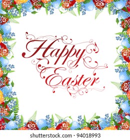 Easter holiday frame with eggs, green foliage and copyspace for your text