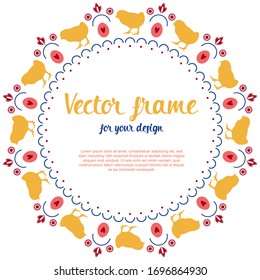 Easter holiday frame with place for text. Wreath with chicks, eggs, flowers. Stock vector illustration