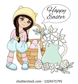 EASTER HOLIDAY Great Religious Holy Party Cartoon Girl Vector Illustration Set for Print Fabric and Decoration