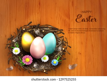 Easter holiday greeting banner. Beautiful background with realistic wicker nest, pink, blue and golden egg, spring flowers and chicken feathers on wooden background. Holiday vector illustration