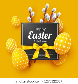 Easter holiday greeting card. 3d decorative eggs with bow and willow branches. Yellow background. Vector illustration.