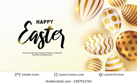 Easter holiday greeting card or banner template. Painted eggs with golden pattern and greeting text on light backdrop. Vector backround.