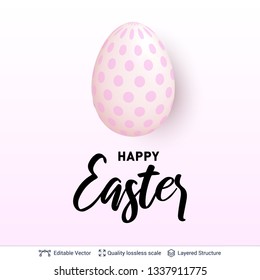 Easter holiday greeting card or banner template. Realistic painted egg and greeting text on light backdrop. Vector backround.