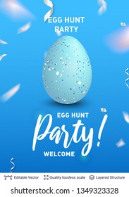 Easter holiday greeting card or banner template. Realistic painted egg and greeting text on blue backdrop. Vector backround.