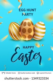 Easter holiday greeting card or banner template. Painted eggs with golden pattern, confetti and greeting text on blue backdrop. Vector backround.