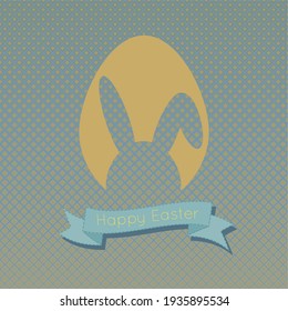 Easter holiday greeting card. Bunny's cutout silhouette over Easter egg with banner