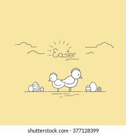 Easter Holiday Greeting Card With Chicken On Yellow Background Vector Illustration