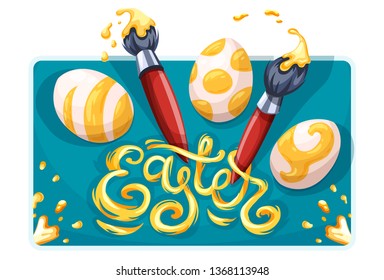 Easter holiday greeting card. Coloring, painting on paschal eggs. Art brushes for drawing with yellow paint, splash with spray and drops. Banner design. Isolated. Eps10 vector illustration.