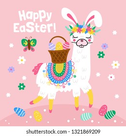 Easter holiday greeting card with cute  llama character in Easter bunny costume. Childish print for cards, stickers, apparel and nursery decoration