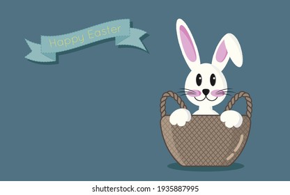 Easter holiday greeting card with cute bunny sitting in a basket 