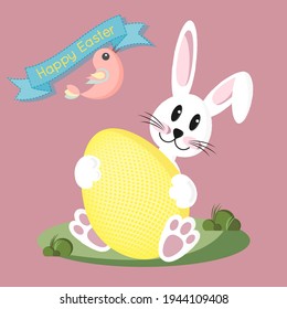 Easter holiday greeting card with cute bunny holding an Easter egg 