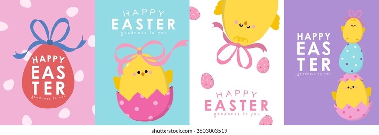 Easter holiday greeting card with cute little yellow chick and baby chicken with eggs collection and coquette bow. Animal cartoon character with ribbon collection. Vector in flat style.