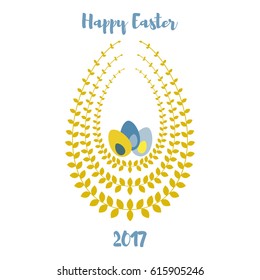 Easter holiday greeting card in ecological green style with egg made of branches with leaves, have size  blending effect. Look like nest with eggs. Includes greeting text.
