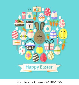 Easter Holiday Greeting Card with Flat Icons Set circular shaped. Greeting card Flat styled with shadows
