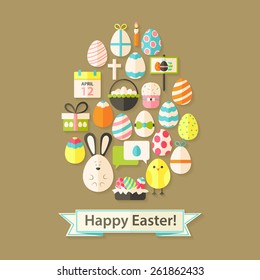 Easter Holiday Greeting Card with Flat Icons Egg shaped. Greeting card Flat styled with shadows