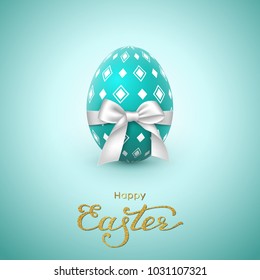 Easter holiday greeting card. Glitter lettering, realistic egg with white bow. Vector illustration.
