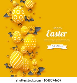 Easter holiday greeting card. Paper cut flowers yellow and grey colors with 3d eggs, holiday background. Vector illustration.