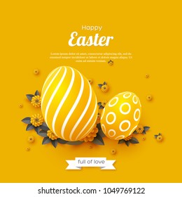 Easter holiday greeting card. Paper cut flowers yellow and grey colors with 3d eggs, holiday background. Vector illustration.