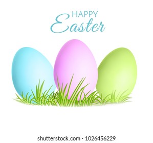 Easter holiday greeting card with pastel eggs on grass. Soft tints. Premium vector illustration.