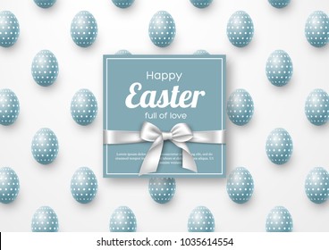 Easter holiday greeting card with realistic eggs. Vector illustration.