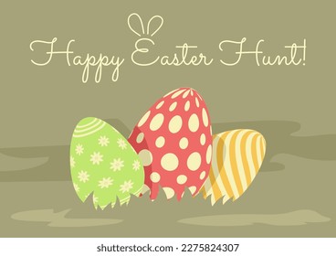 Easter holiday greeting with decorated eggs in the grass, Christianity traditional Holiday invitation, poster, celebration card.