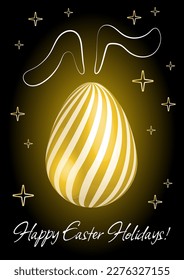 Easter holiday greeting with decorated golden realistic egg, golden stripes and line golden rabbit silhouette, Christianity traditional Holiday invitation, poster, celebration card.
