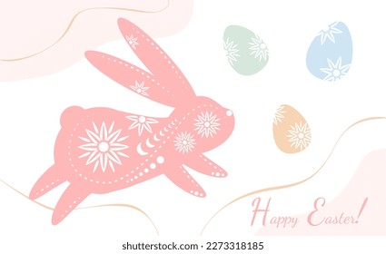 Easter holiday greeting with decorated rabbit silhouette with decorated traditional colored eggs, Christianity traditional Holiday invitation, poster, celebration card.