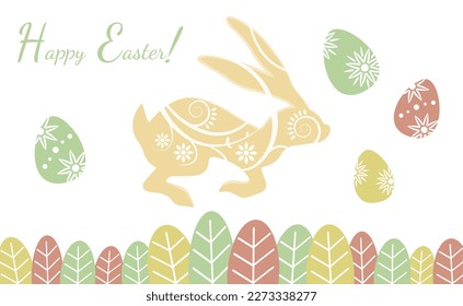 Easter holiday greeting with decorated rabbit silhouette with decorated traditional colored eggs, Christianity traditional Holiday invitation, poster, celebration card.