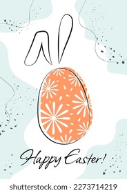 Easter holiday greeting with orange egg silhouette with rabbit ears in line art, Christianity traditional Holiday invitation, poster, celebration card.
