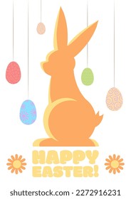 Easter holiday greeting with orange rabbit silhouette with hanging decorated traditional eggs, Christianity traditional Holiday invitation, poster, celebration card.