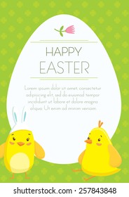 Easter holiday greeting postcard with cute little chickens cartoons. Free space for text message. Vector illustration.