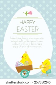 Easter holiday greeting postcard with cute little chickens cartoons and Easter Eggs. Free space for text message. Vector illustration.