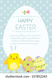 Easter holiday greeting postcard with cute little chicken cartoon and Easter Eggs. Free space for text message. Vector illustration.