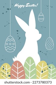 Osterferien Gruß mit weißem Kaninchensilhouette mit hängenden dekorierten traditionellen Eiern, traditionelles Christentum Einladung, Poster, Feiertagskarte.