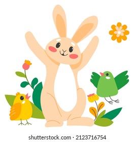 Easter holiday greetings and celebration, isolated bunny character funny hare with birds and lush blooming botany. Spring and flourishing plants, chicken and rabbit with long ears. Vector in flat