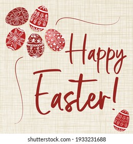 Easter holiday greetings on cream background with decorative multi-coloured eggs for website and printing 