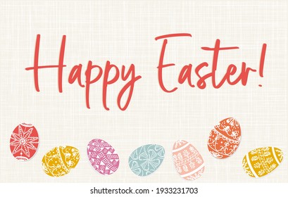 Easter holiday greetings on cream background with decorative multi-coloured eggs for website and printing 