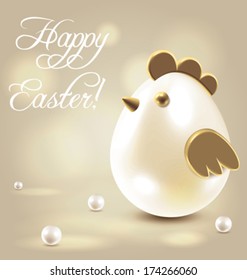 Easter holiday greetings postcard - jewelry decorated egg over beige elegant bokeh background