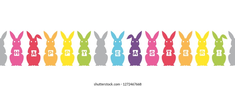 Easter Holiday greetings seamless banner with rainbow colored bunnies holding letters vector illustration