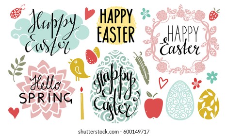 Easter holiday hand drawn design elements set isolated on white background. Hand written text, lettering
