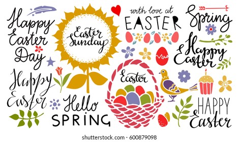 Easter holiday hand drawn design elements set isolated on white background. Hand written text, lettering