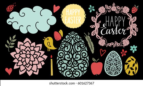 Easter holiday hand drawn design elements set isolated on black background. Hand written text, lettering