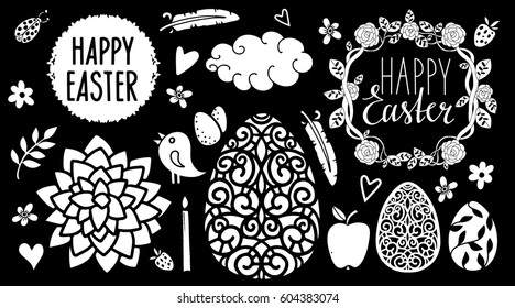 Easter holiday hand drawn design elements set isolated on black background. Hand written text, lettering