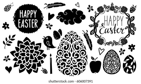 Easter holiday hand drawn design elements set isolated on white background. Hand written text, lettering