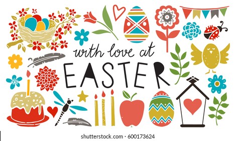 Easter holiday hand drawn icons, design elements set isolated on white background. Hand written text, lettering