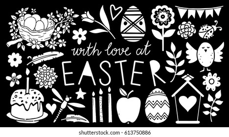 Easter holiday hand drawn icons, design elements set isolated on black background. Hand written font, lettering