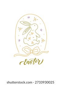 Easter holiday hand drawn line art vector illustration with whimsy bunny, bow, saying isolated on white. Doodle spring drawing for holiday greeting card, banner, poster.