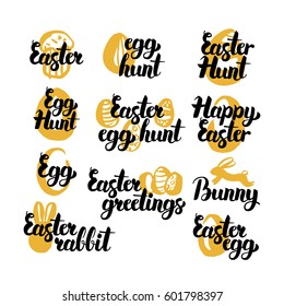 Easter Holiday Hand Drawn Quotes. Vector Illustration of Handwritten Lettering Egg Hunt Design Elements.
